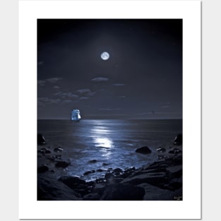 Sailing Ship On A Moonlit Bay Posters and Art